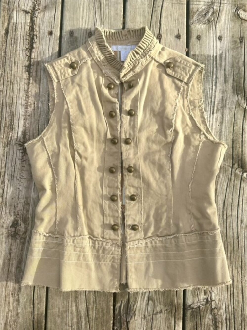 Unusual Tan Military Style Vest Distressed Frayed Edges